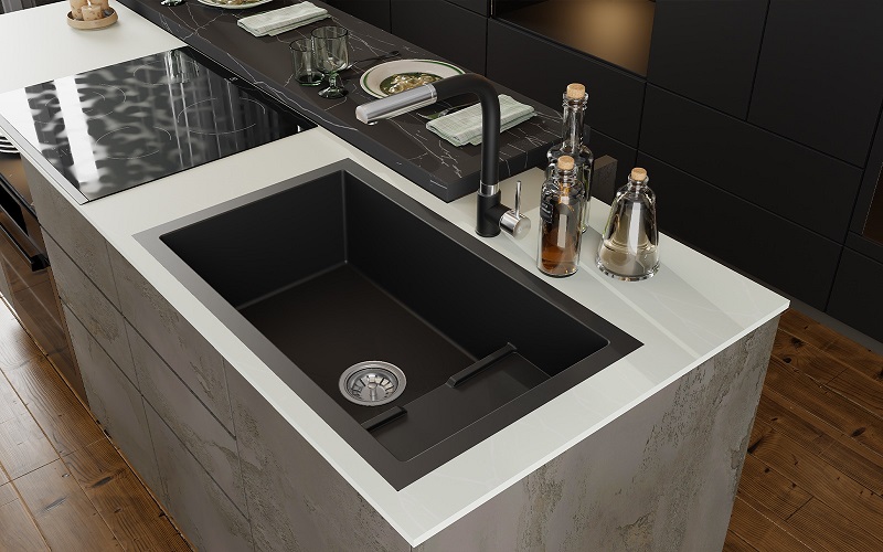 Lifestyle view of P017 kitchen sink with elevated drainer bowl