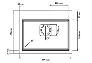 Top view technical drawing of S003 granite sink with 600 x 490 mm dimensions