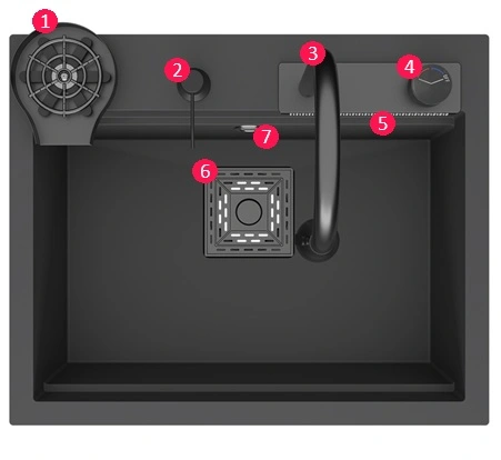 S003 granite sink with visual overlay of smart features like cup washer and soap dispenser