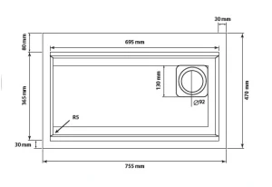 Technical drawing of Smart Series S006 granite sink with full dimensions (755 x 470 mm)