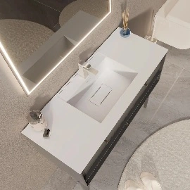 Granite bathroom sink in white color and 120 cm length mounted on bathroom cabinet